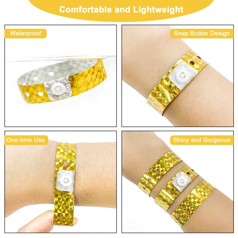 OUCHAN Holographic Plastic Wristbands Gold - 100 Pack Wristbands For Events Parties - Image 2